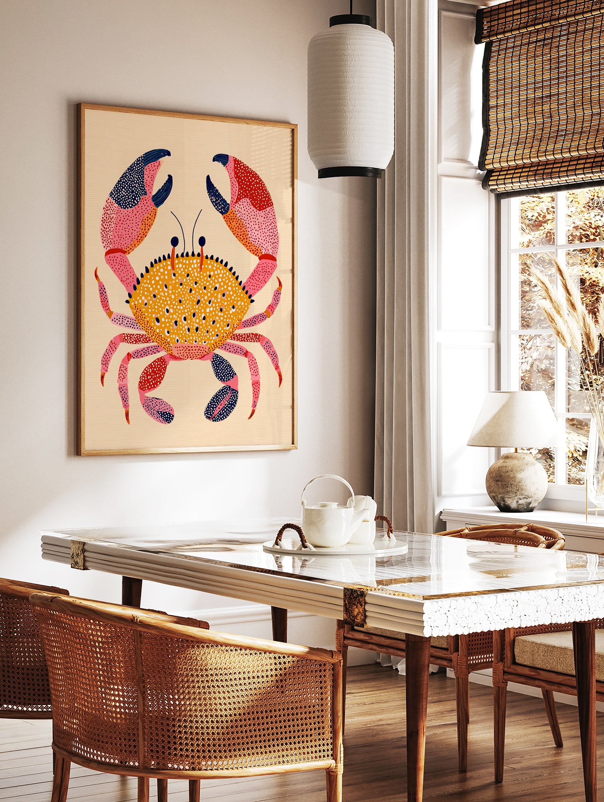 Colorful illustrated crab wall art print with intricate dot patterns in yellow, pink, and blue on a light beige background. - Image 3