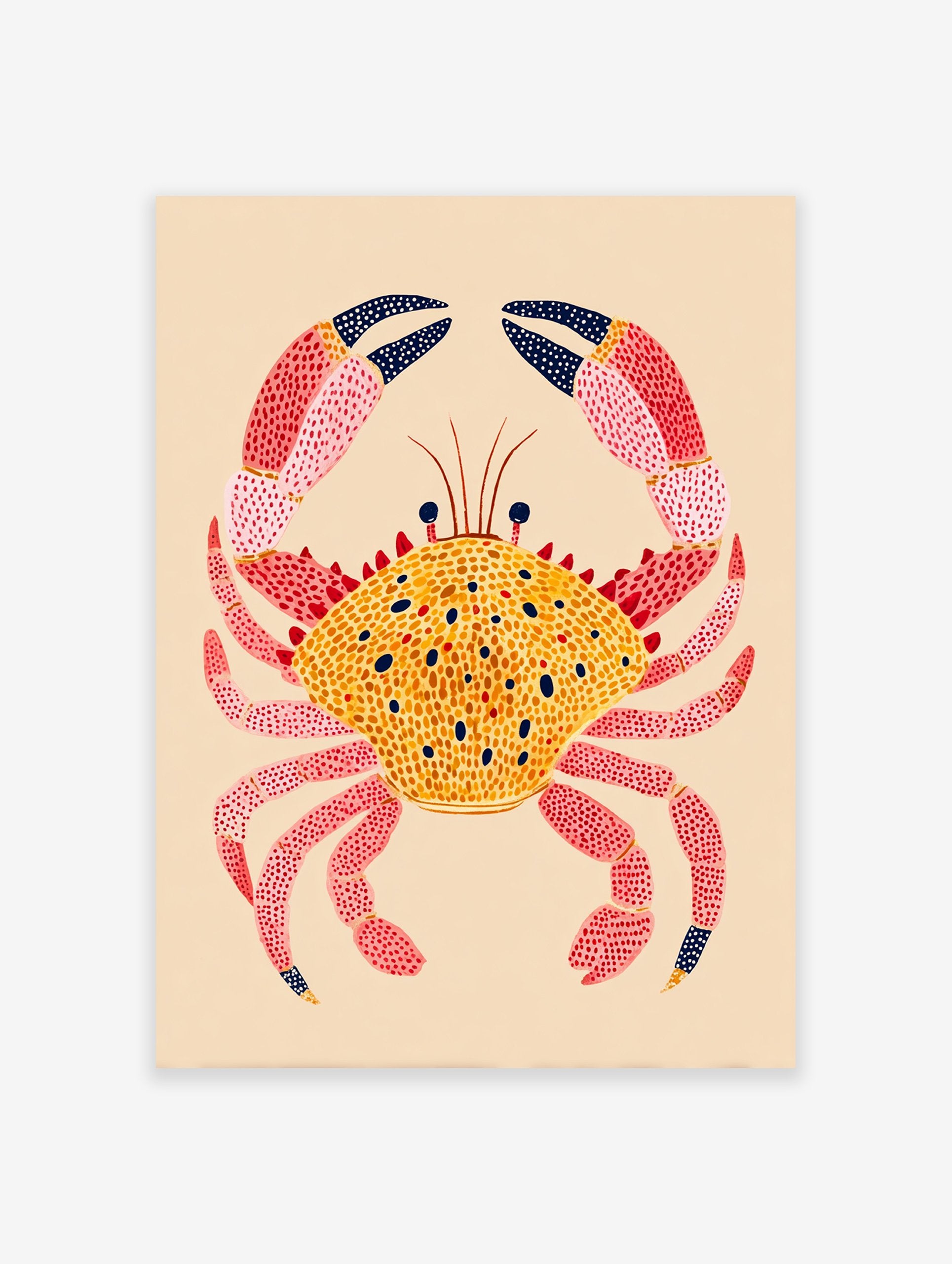 Colorful illustrated crab wall art print with a yellow spotted shell and pink spotted legs on a light beige background.
