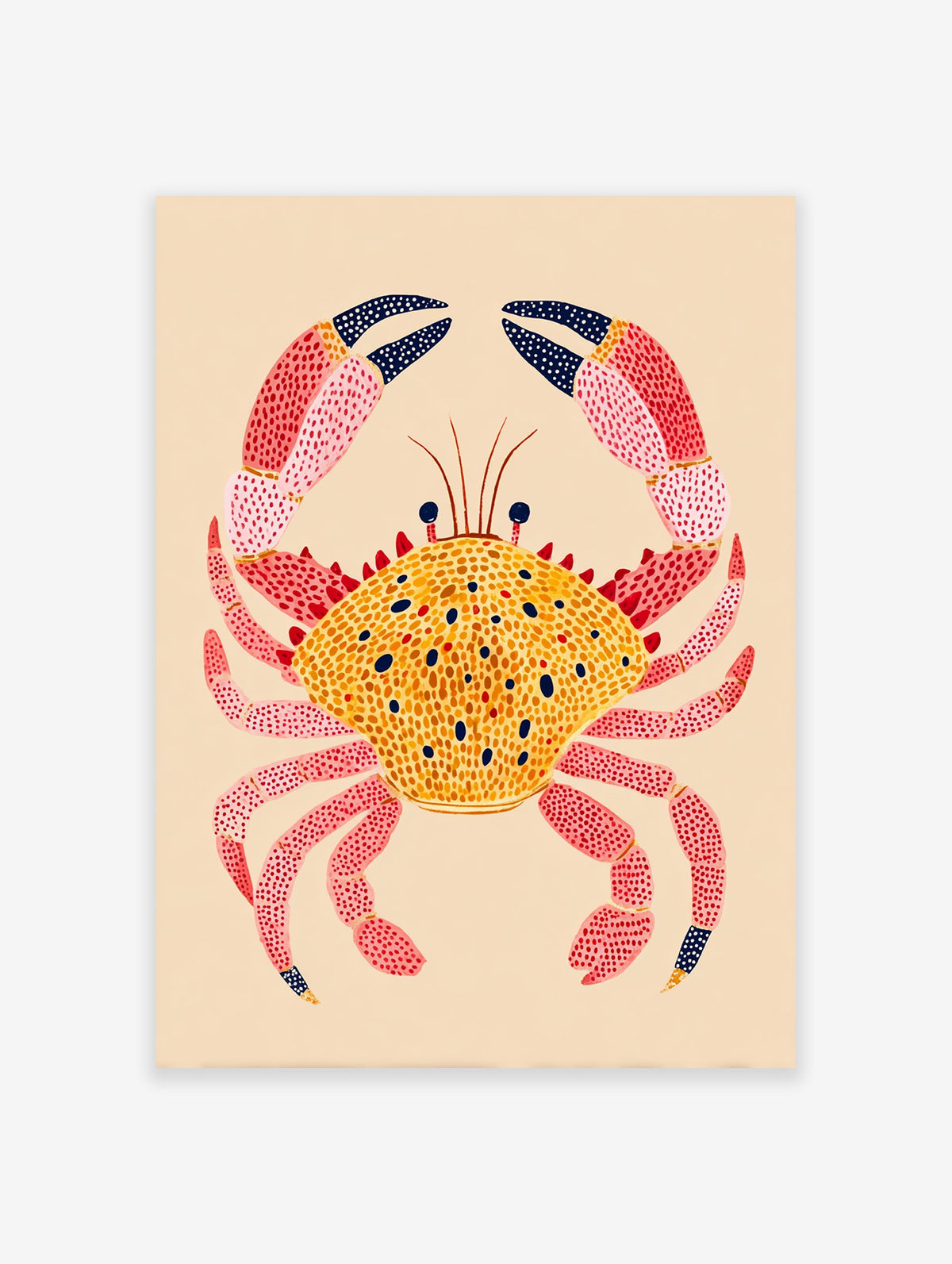Colorful illustrated crab wall art print with a yellow spotted shell and pink spotted legs on a light beige background.
