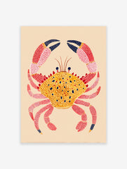 Colorful illustrated crab wall art print with a yellow spotted shell and pink spotted legs on a light beige background.