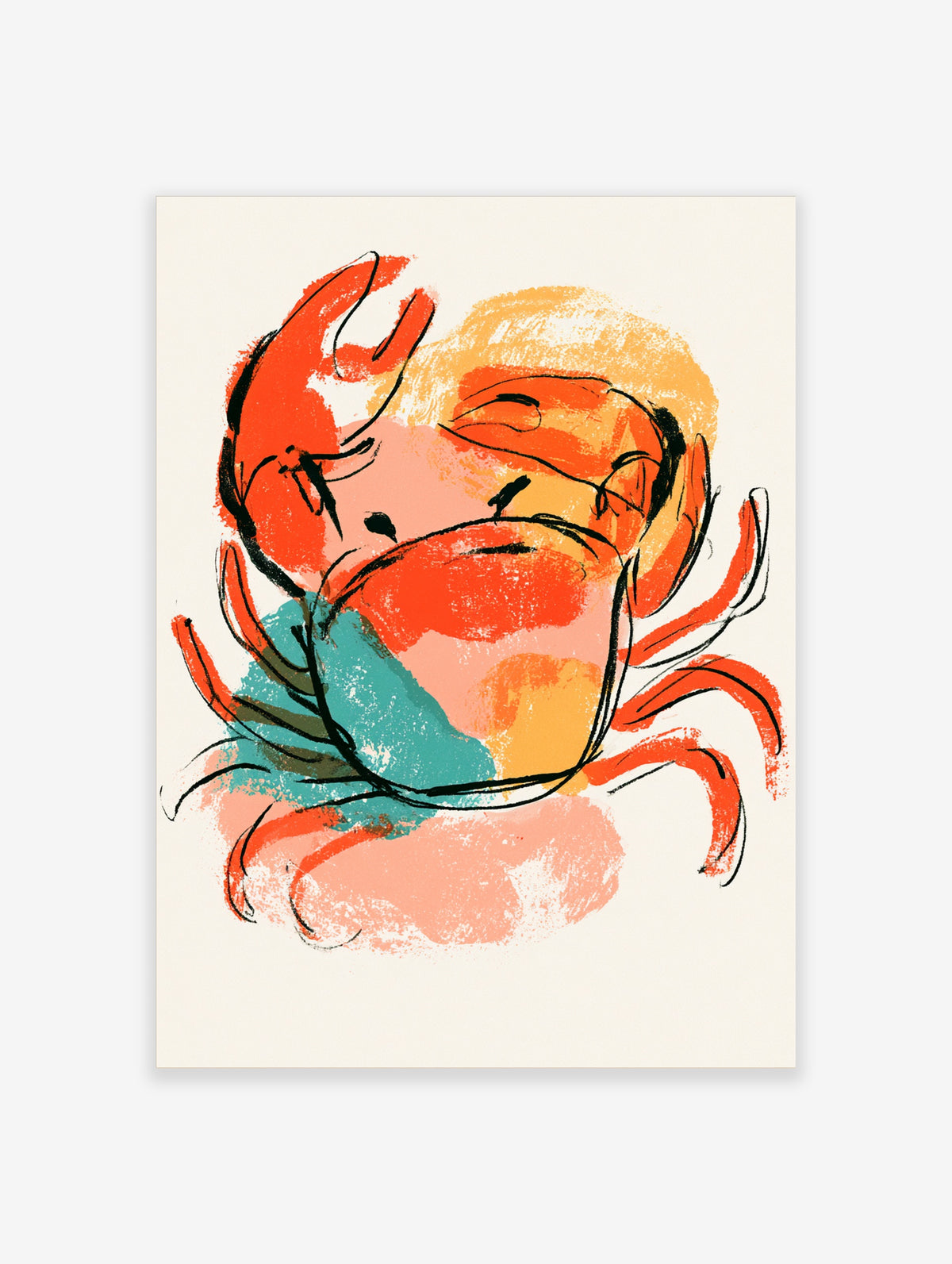 Colourful crab art print with red claws, teal and peach brushstrokes, and black ink outlines on cream