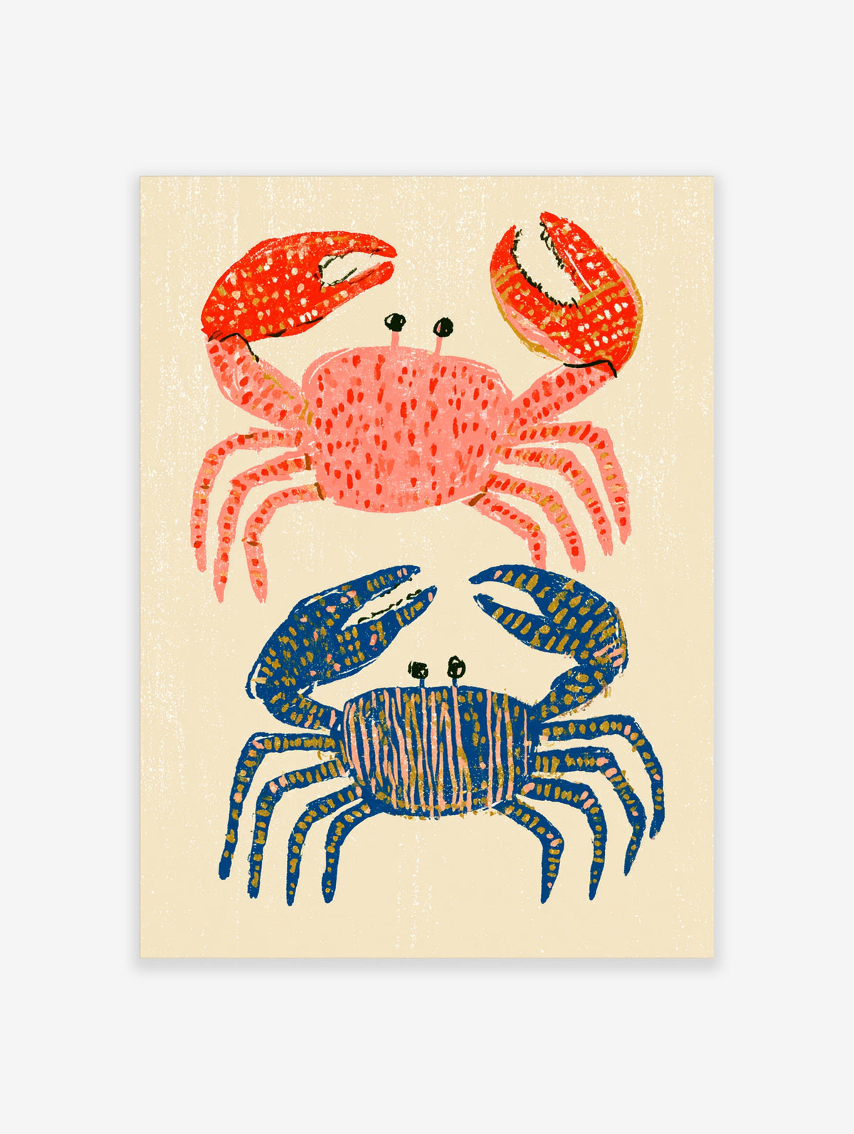 Colourful crab art print with pink and blue crabs on cream background