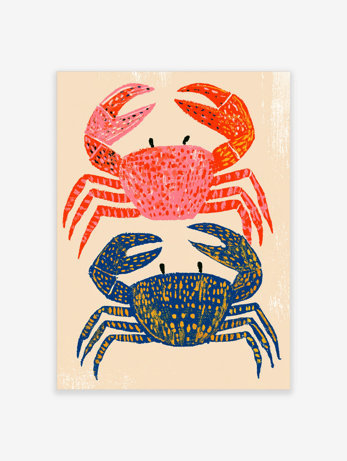 Colourful crab art print with pink and blue crabs on beige background