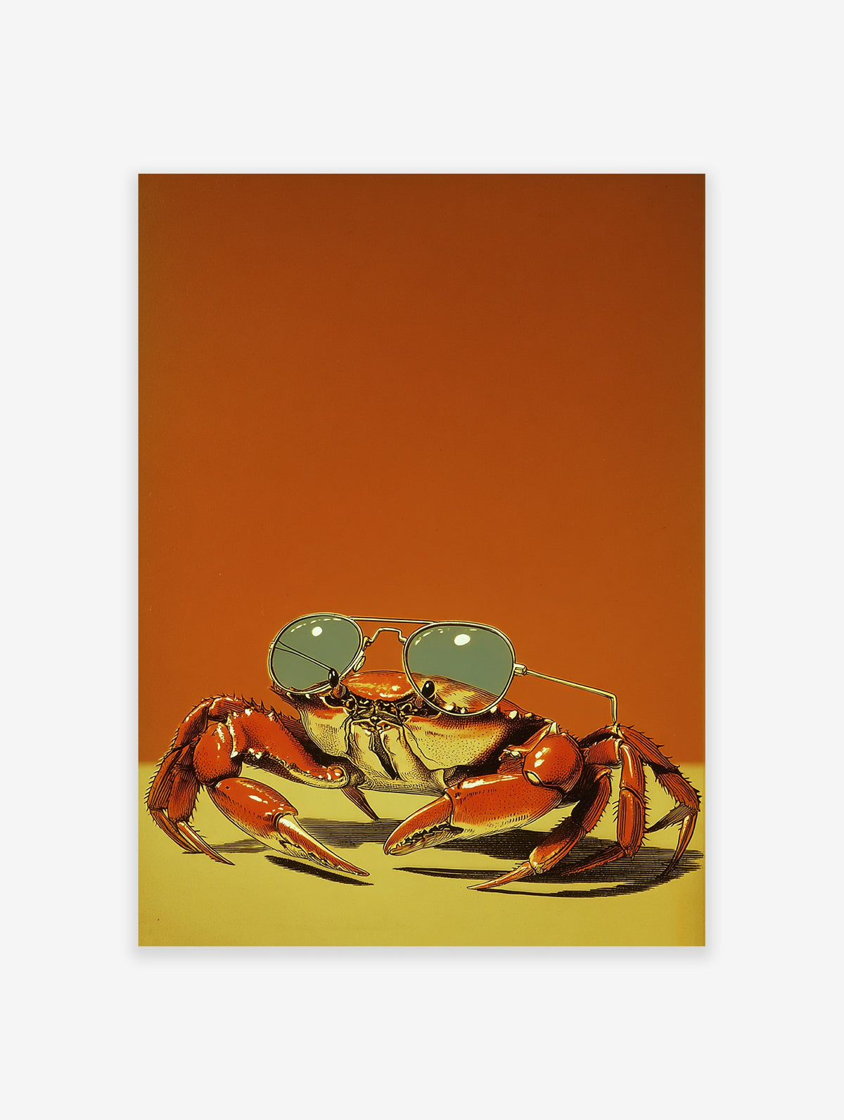 Illustrated art print of a red crab wearing aviator sunglasses on an orange and yellow background.