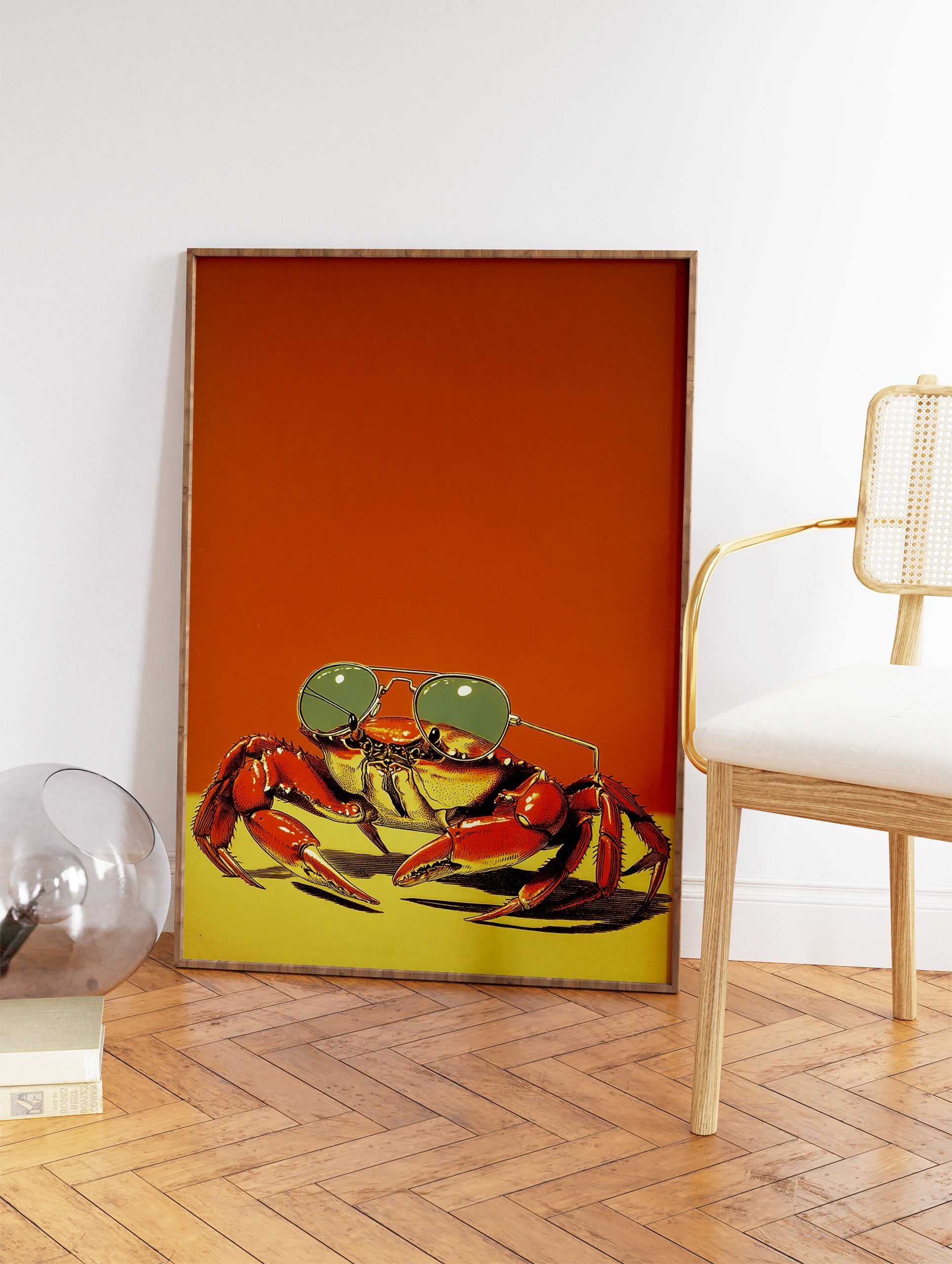 Illustrated art print of a red crab wearing aviator sunglasses on an orange and yellow background. - Image 2