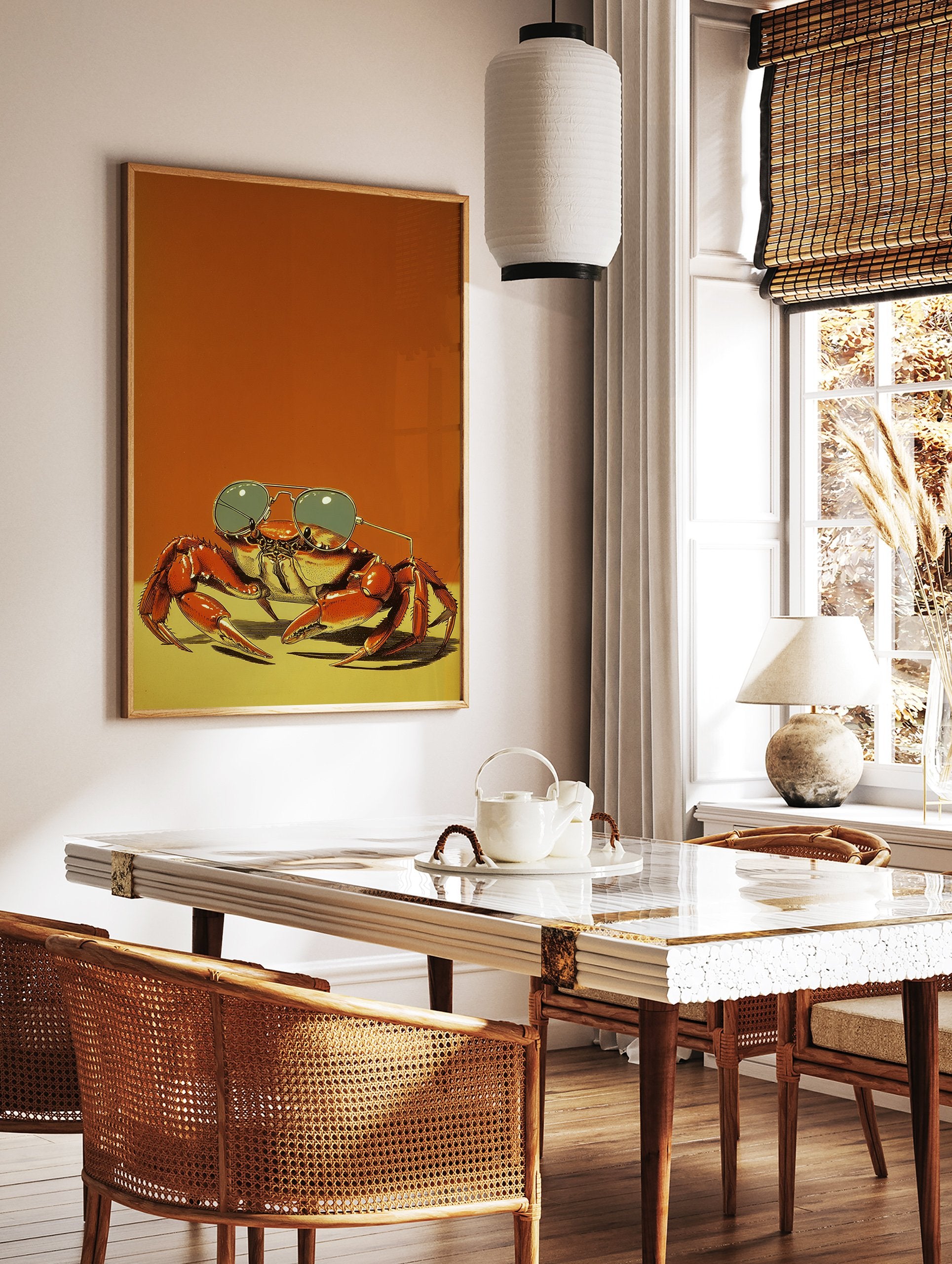 Illustrated art print of a red crab wearing aviator sunglasses on an orange and yellow background. - Image 3