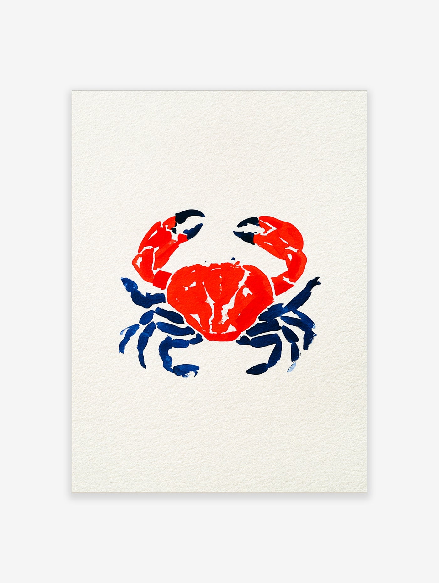 Stylised illustrative crab print with red body and navy blue legs on a textured off-white background