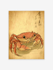 Japanese style Crab Wall Art illustration on aged paper background with calligraphy in the upper right corner