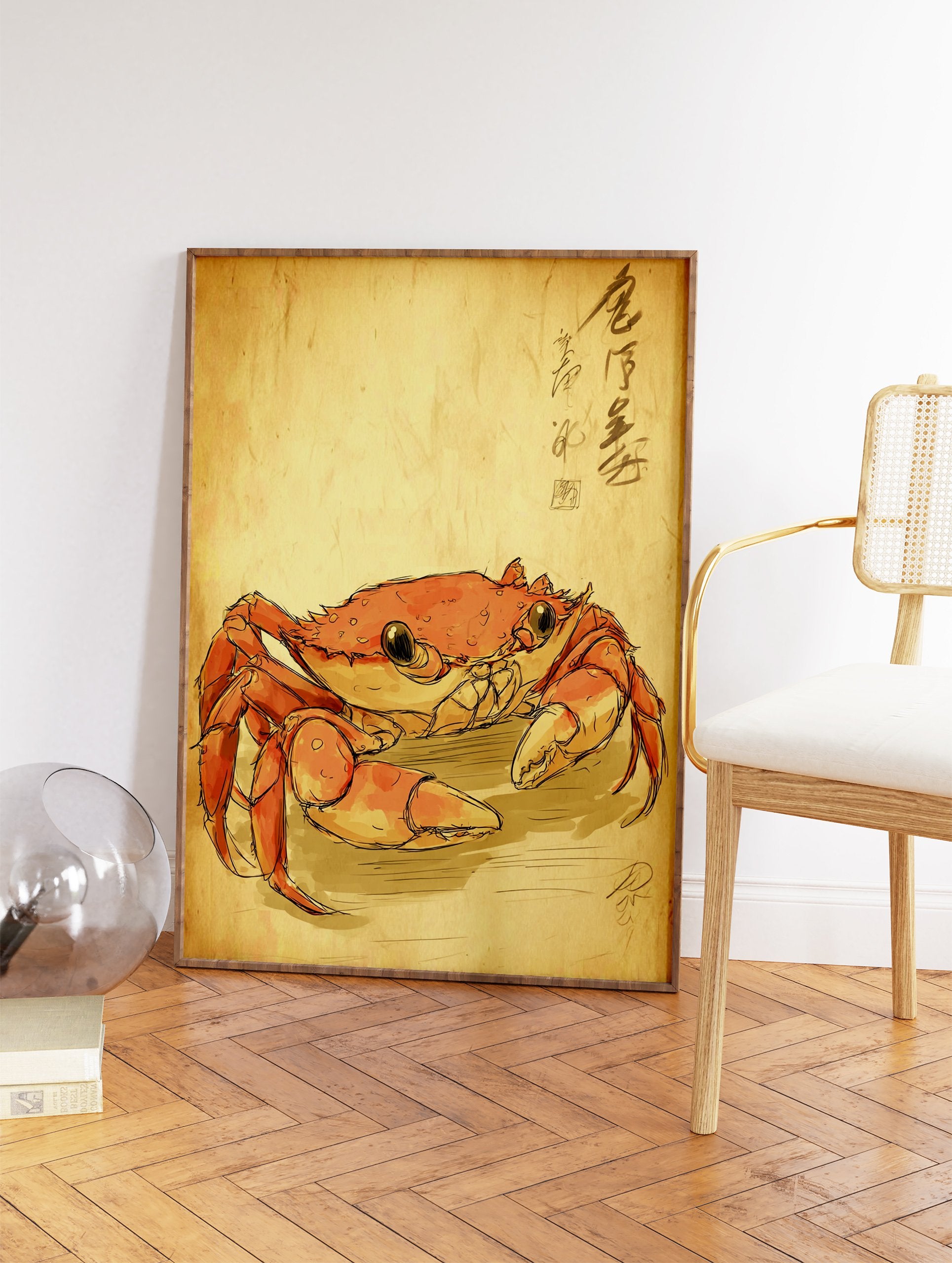 Japanese style Crab Wall Art illustration on aged paper background with calligraphy in the upper right corner - Image 2
