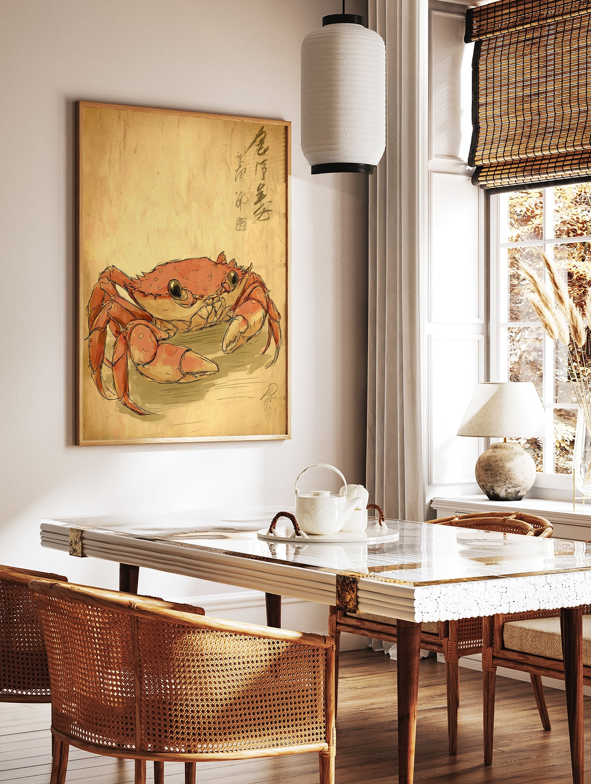 Japanese style Crab Wall Art illustration on aged paper background with calligraphy in the upper right corner - Image 3