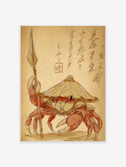 Japanese samurai crab illustration with a straw hat and spear on a sepia background with calligraphy. Unique crab wall art.