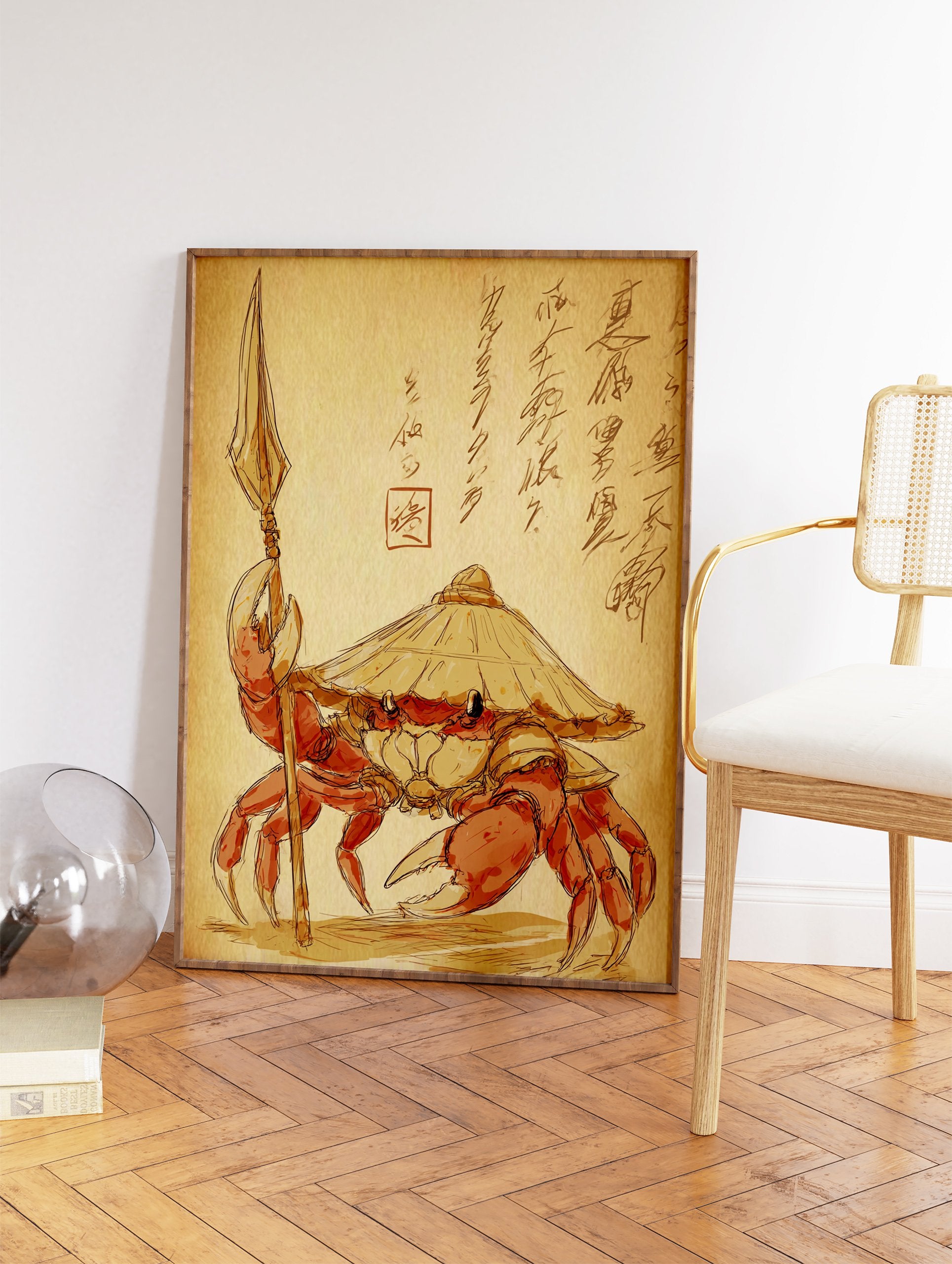Japanese samurai crab illustration with a straw hat and spear on a sepia background with calligraphy. Unique crab wall art. - Image 2
