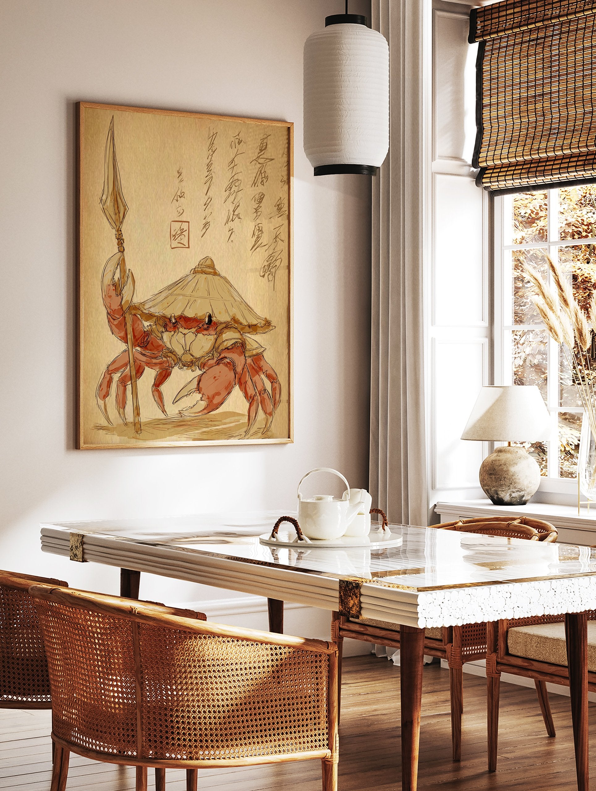 Japanese samurai crab illustration with a straw hat and spear on a sepia background with calligraphy. Unique crab wall art. - Image 3