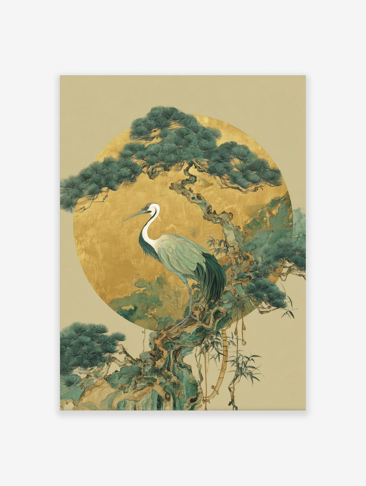 White-necked crane on pine tree branch against gold circle, Japanese illustrative art print