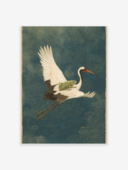 Illustrative art print of a white crane flying with a green frog on its back, over a deep blue, patterned background