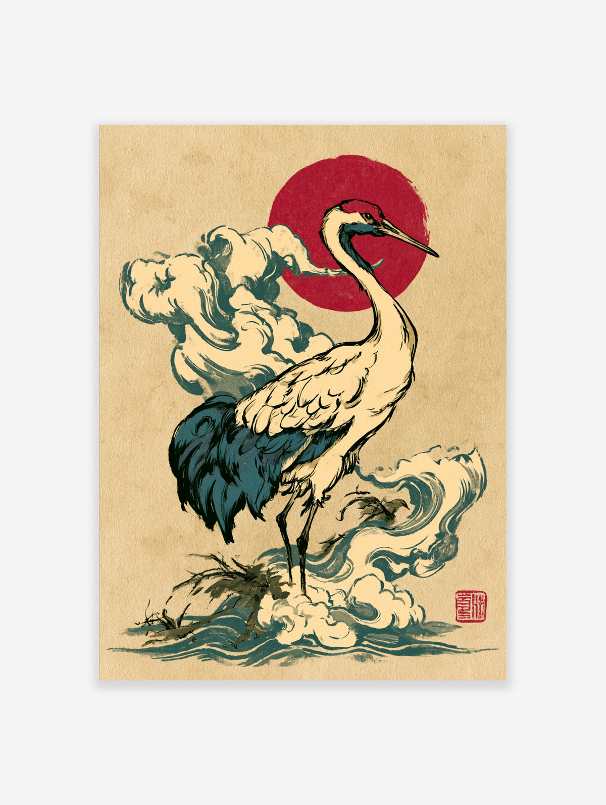 Crane standing among clouds and waves with red sun, Japanese woodblock style art print