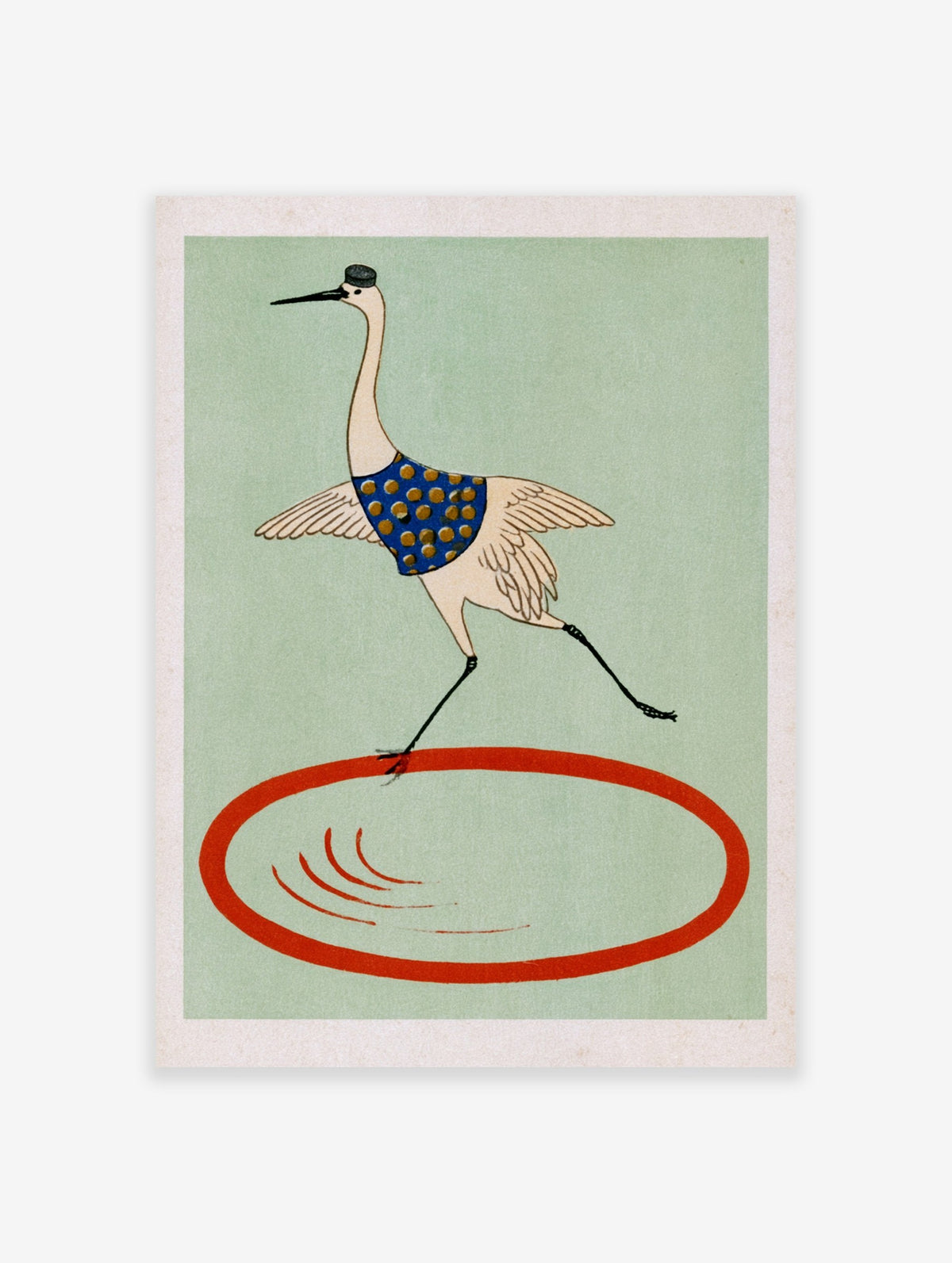 Crane bird illustration in a spotted circus waistcoat and hat, balancing over a red ring on a soft green background