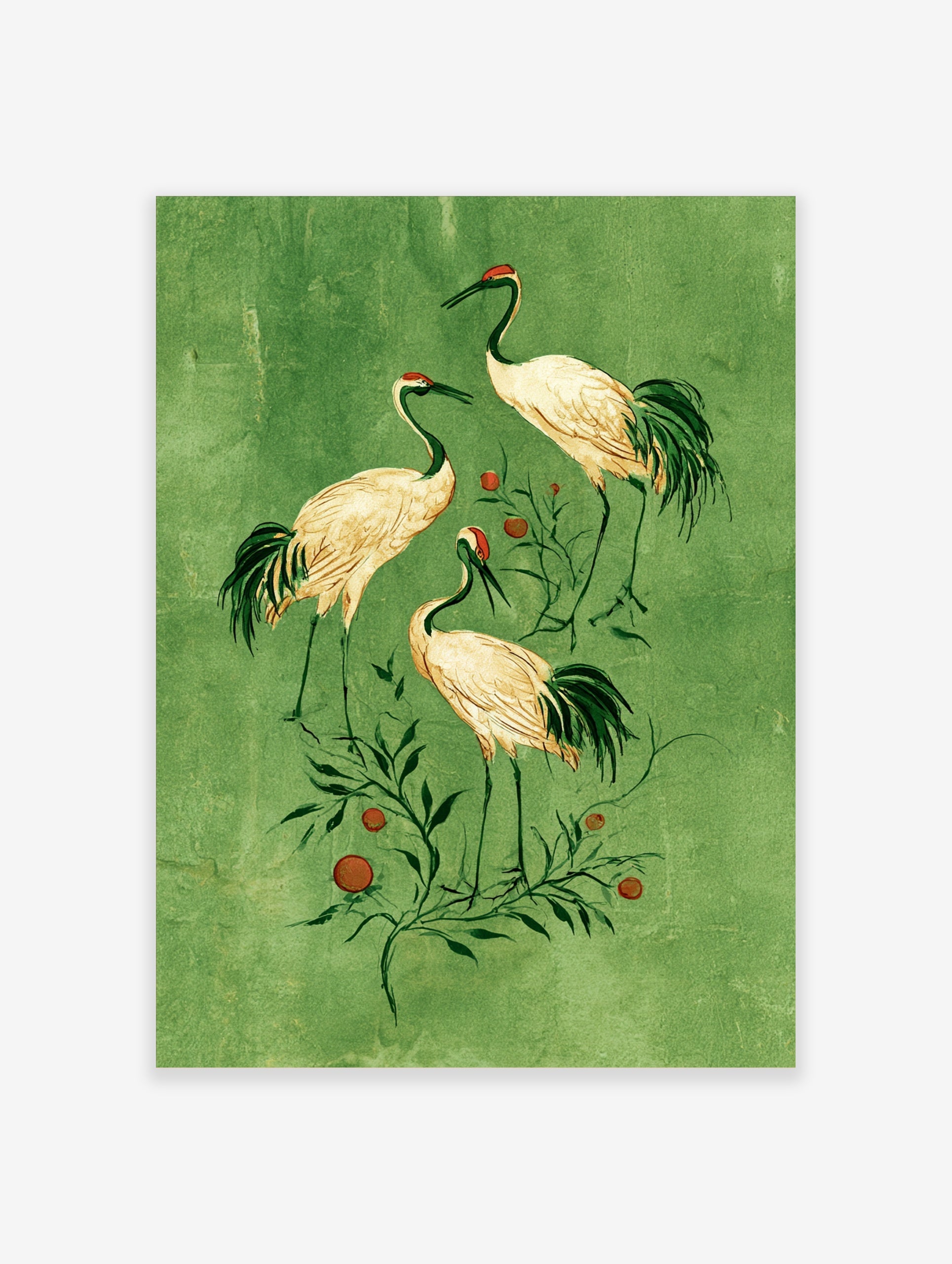 Japanese-inspired crane bird wall art illustration with orange fruit on a textured green background
