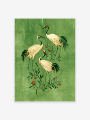 Japanese-inspired crane bird wall art illustration with orange fruit on a textured green background