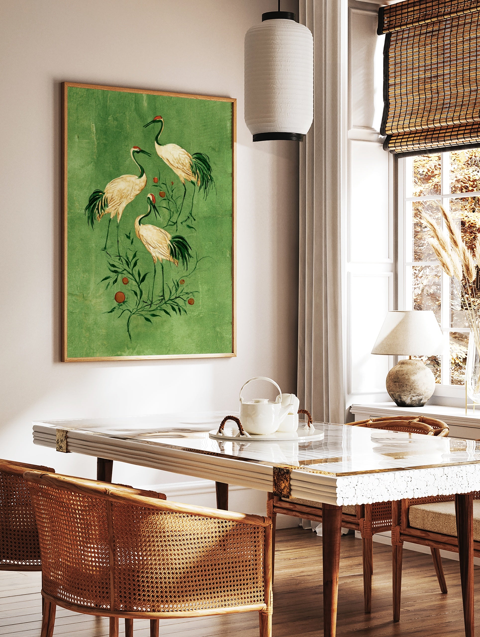 Japanese-inspired crane bird wall art illustration with orange fruit on a textured green background, in a styled room mockup