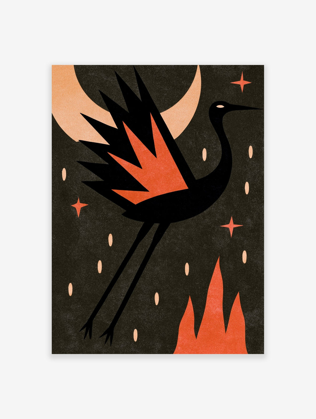 Stylised black crane bird illustration with orange flames and a crescent moon on a dark background