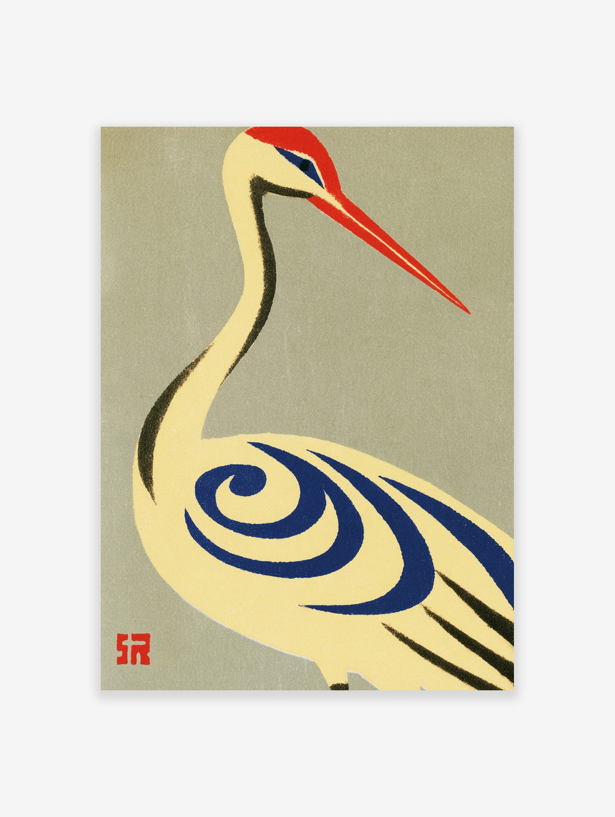 Minimalist crane bird illustration with blue swirl wing and red crown on a beige background