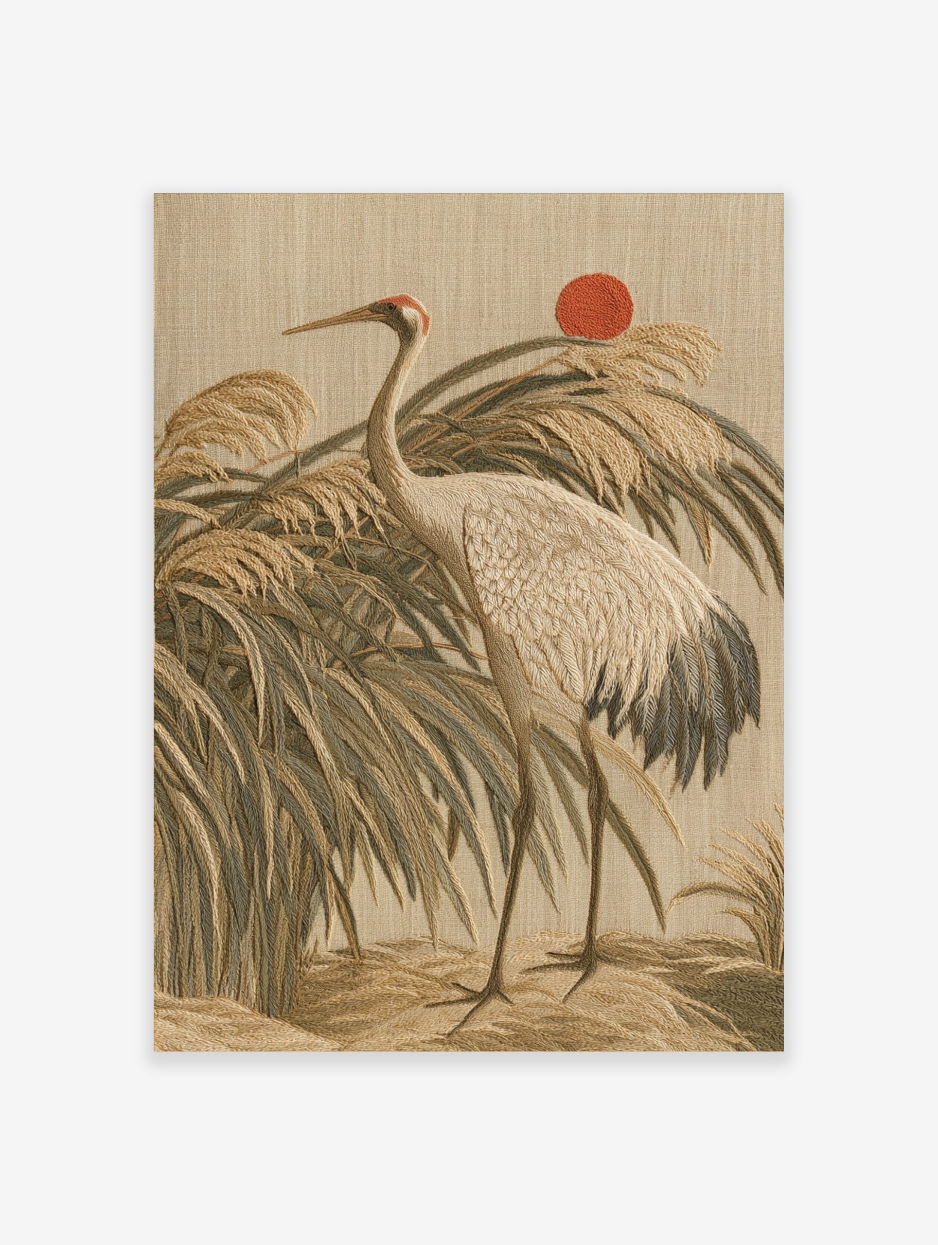 Japanese style crane bird wall art print featuring reeds and a red sun on a beige background