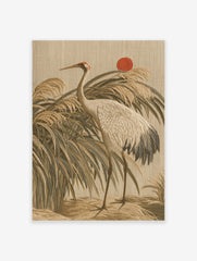 Japanese style crane bird wall art print featuring reeds and a red sun on a beige background