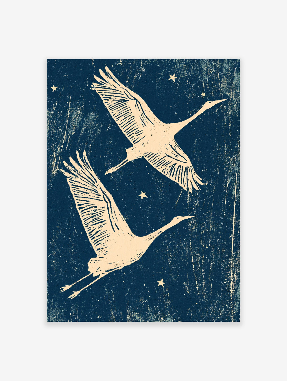 Two cream cranes flying across a navy blue night sky with stars, Japanese style paper print