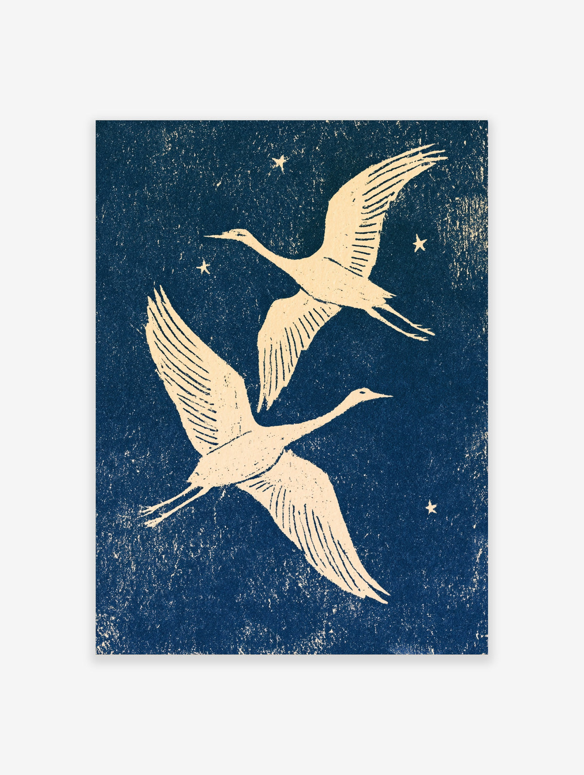 Crane bird wall art print with two cream cranes flying in a navy blue starry night sky