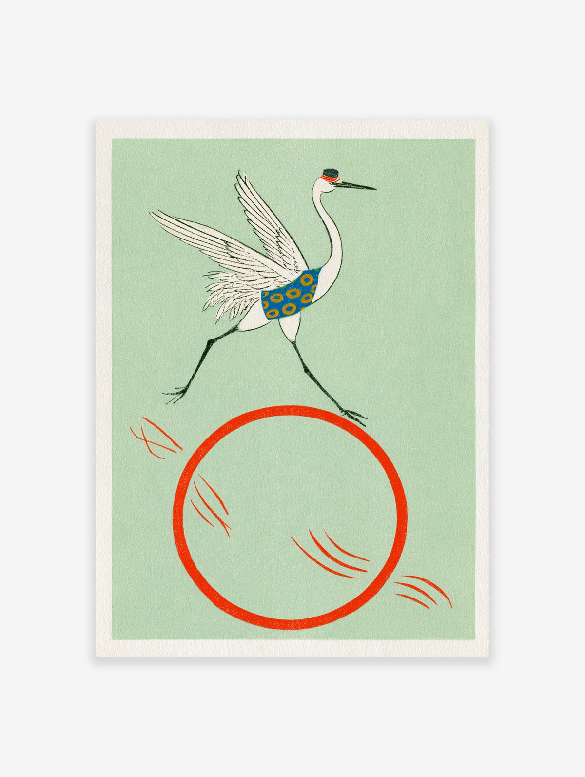 Illustrated crane bird wearing a hat and patterned vest jumping through a large red hoop on a soft green background