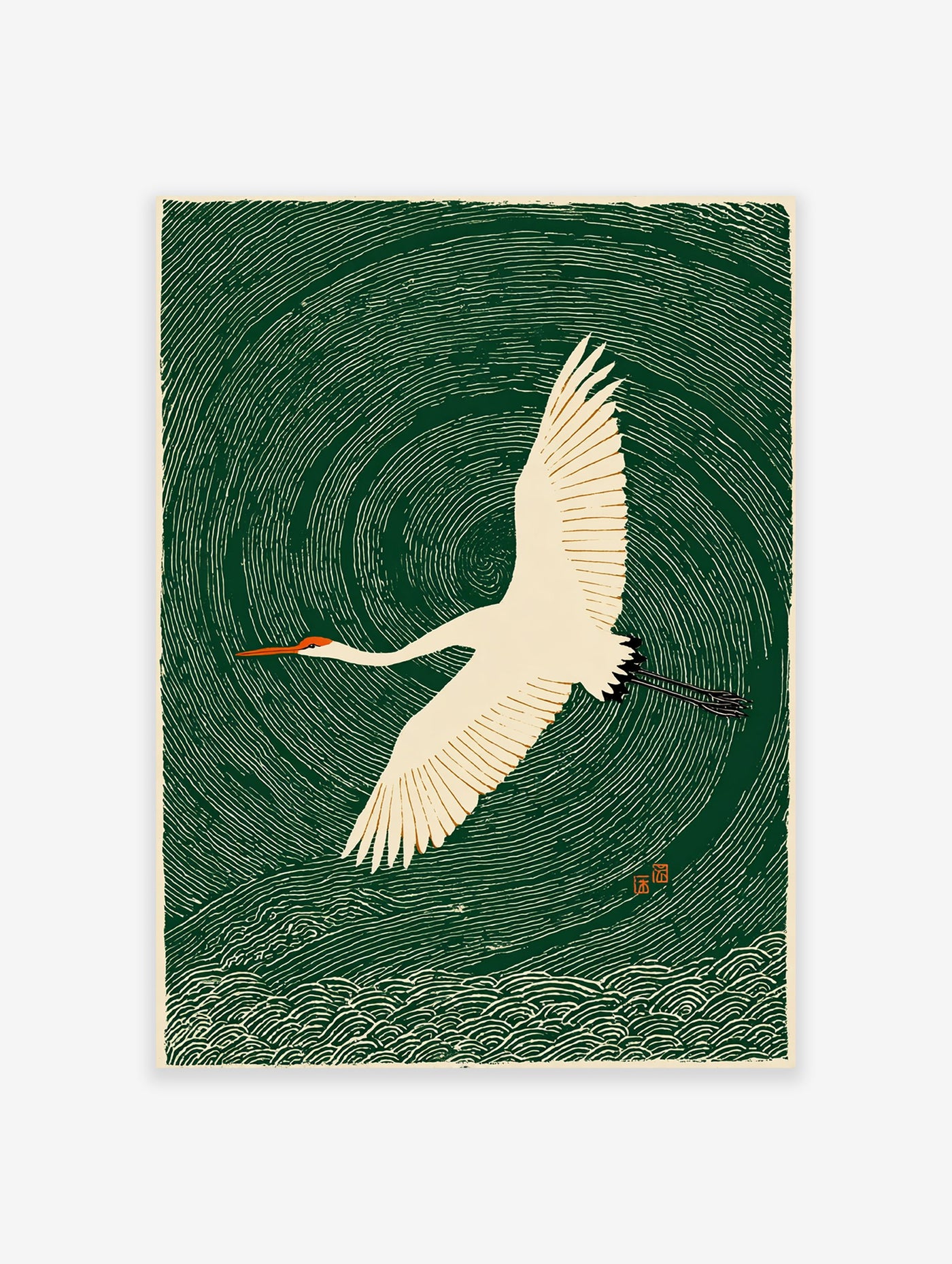 Japanese Ukiyo-e style art print featuring a white crane with an orange beak flying over swirling dark green water.