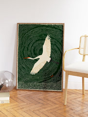 Japanese Ukiyo-e style art print featuring a white crane with an orange beak flying over swirling dark green water. - Image 2
