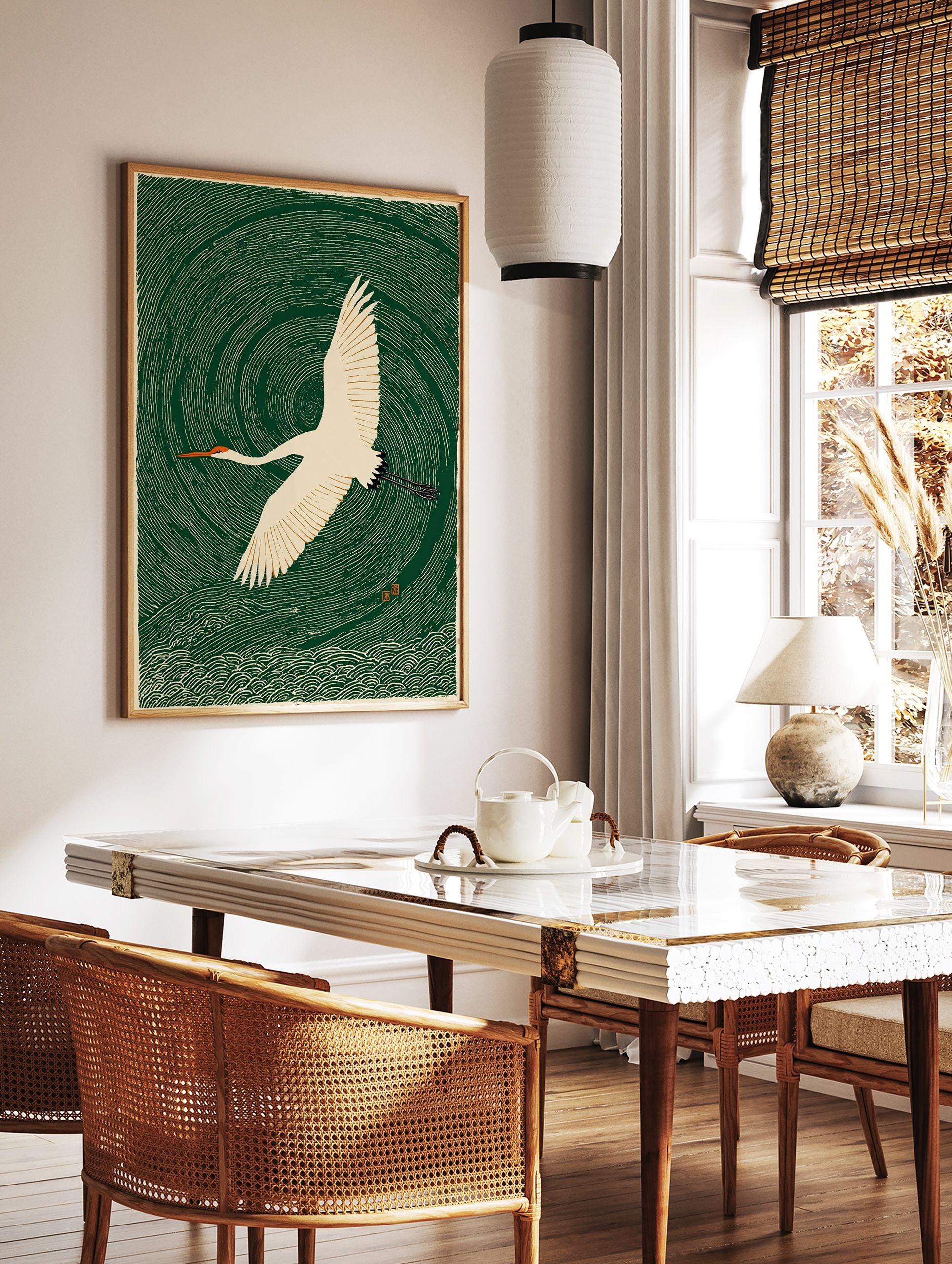 Japanese Ukiyo-e style art print featuring a white crane with an orange beak flying over swirling dark green water. - Image 3