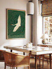 Japanese Ukiyo-e style art print featuring a white crane with an orange beak flying over swirling dark green water. - Image 3