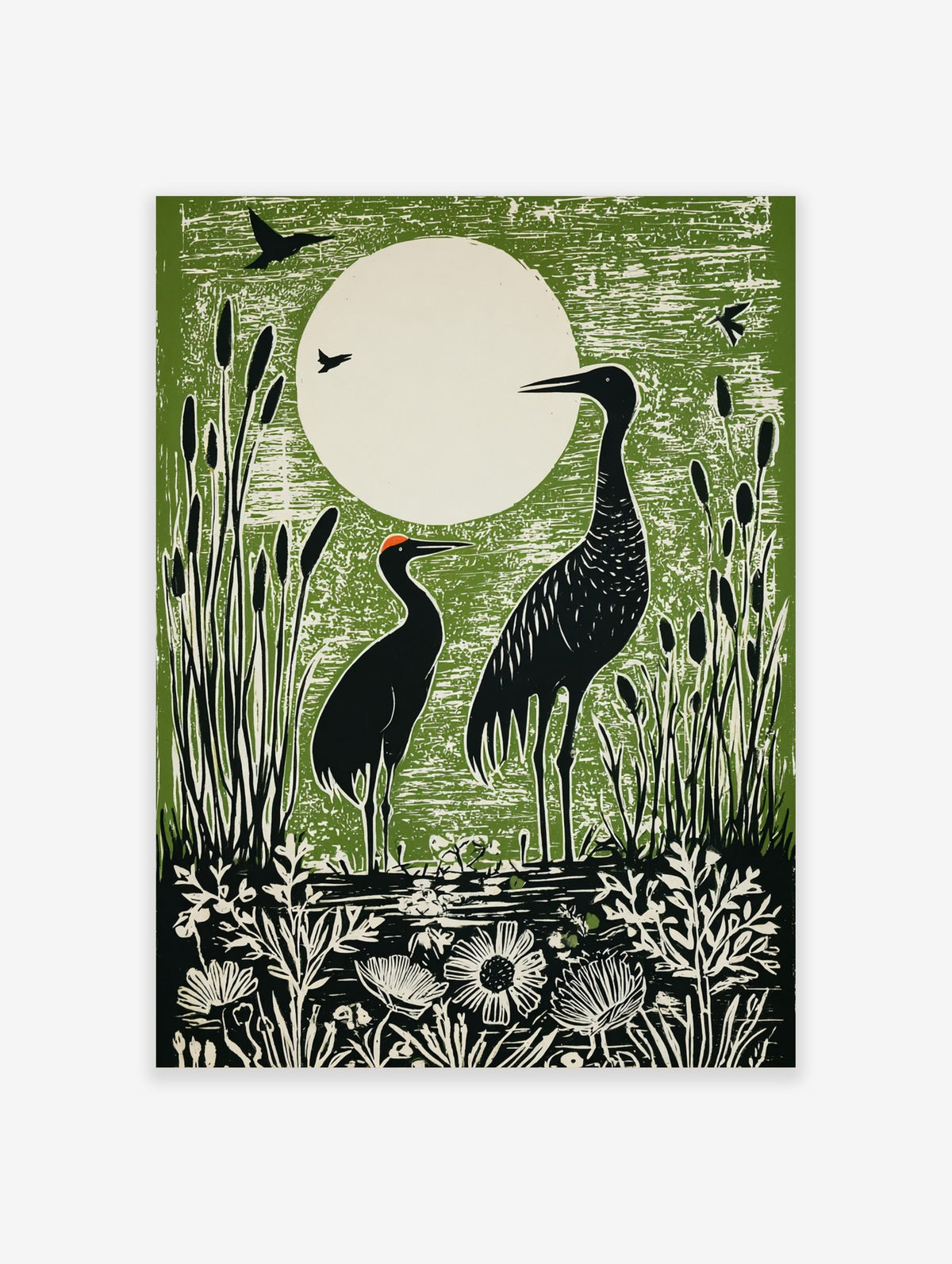 Green linocut print of two black cranes in a marsh with cattails and a large white moon in the background
