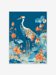 Illustrated Crane poster standing in a pond with blue and orange lotus flowers and leaves on a deep blue background.