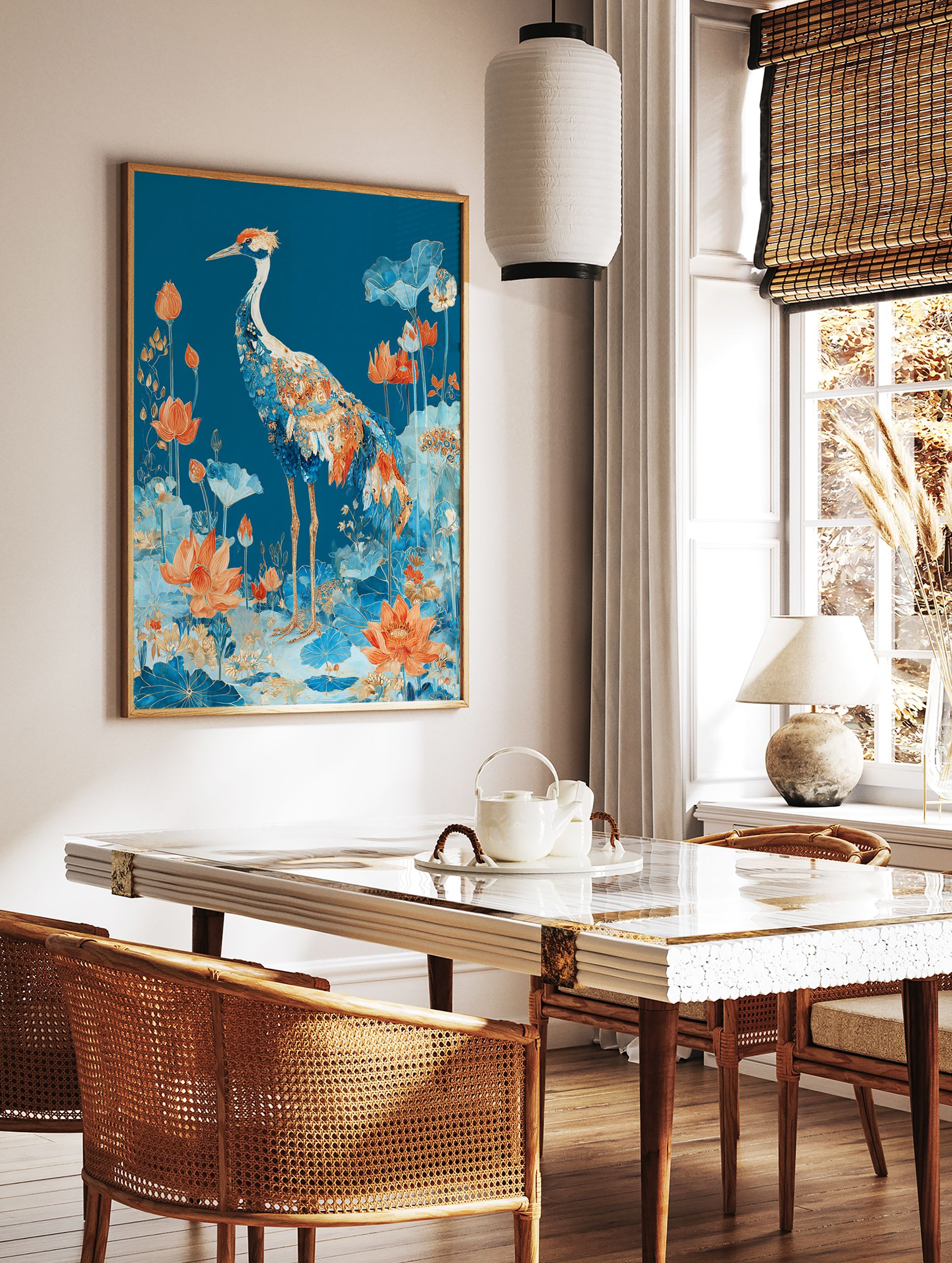 Illustrated Crane poster standing in a pond with blue and orange lotus flowers and leaves on a deep blue background. - Image 2