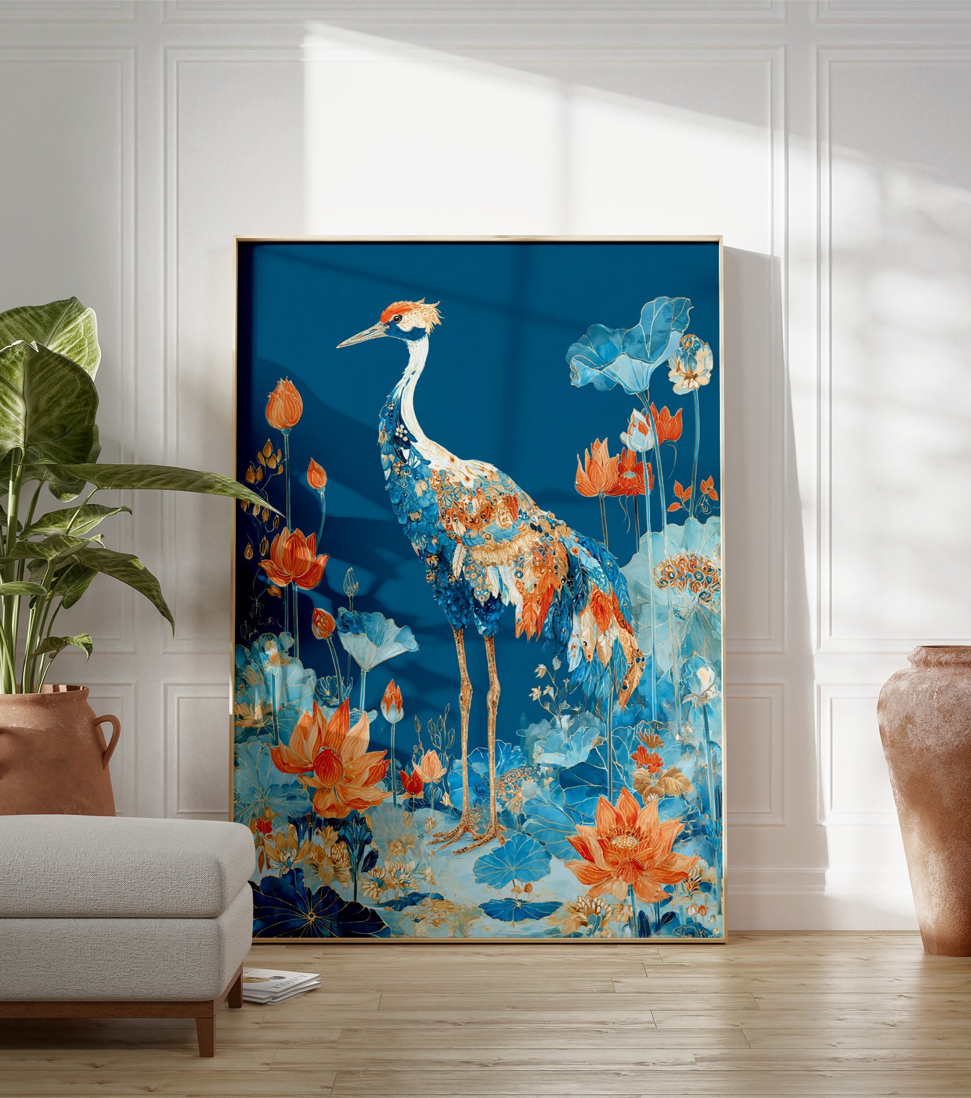 Illustrated Crane poster standing in a pond with blue and orange lotus flowers and leaves on a deep blue background. - Image 3
