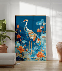 Illustrated Crane poster standing in a pond with blue and orange lotus flowers and leaves on a deep blue background. - Image 3