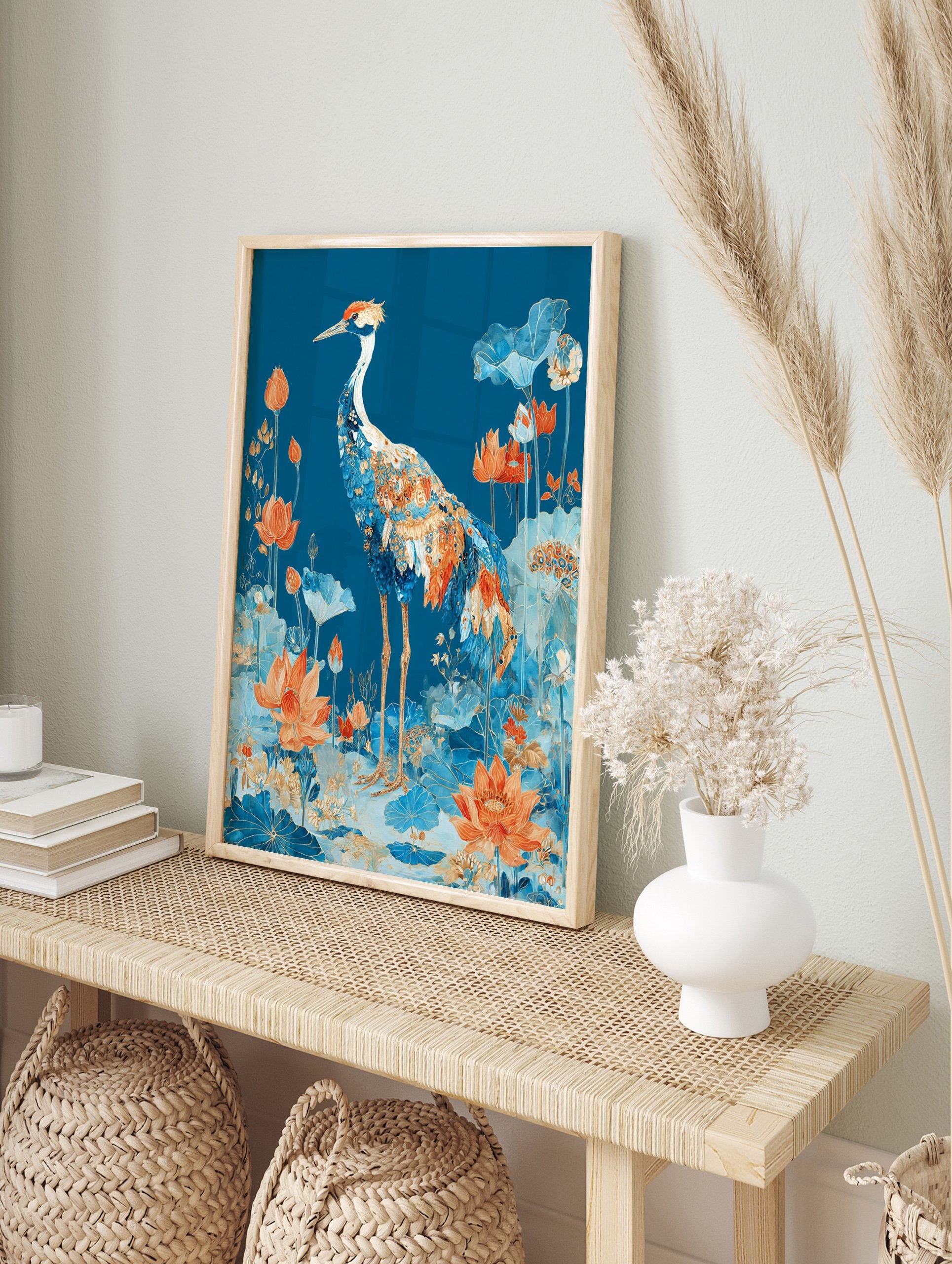 Illustrated Crane poster standing in a pond with blue and orange lotus flowers and leaves on a deep blue background. - Image 4