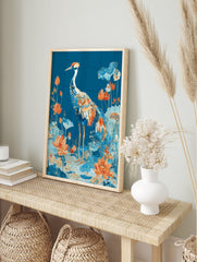 Illustrated Crane poster standing in a pond with blue and orange lotus flowers and leaves on a deep blue background. - Image 4