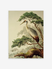 Vintage Japanese crane poster illustration showing a crane perched on a mossy pine tree branch with a misty background.