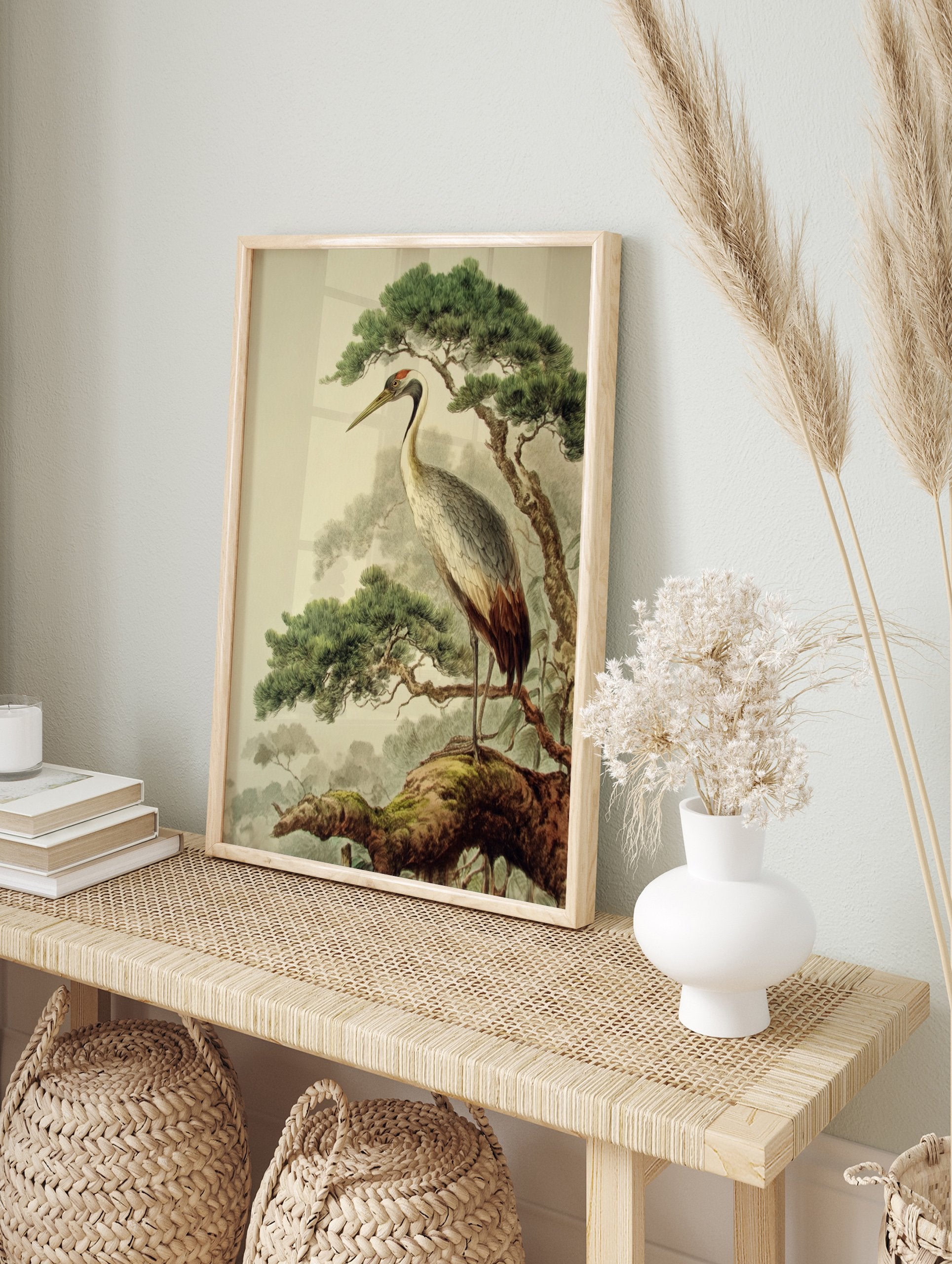 Vintage Japanese crane poster illustration showing a crane perched on a mossy pine tree branch with a misty background. - Image 4