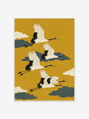 Japanese art poster depicting three white flying cranes with black wings and red crowns against a vibrant yellow background with clouds.