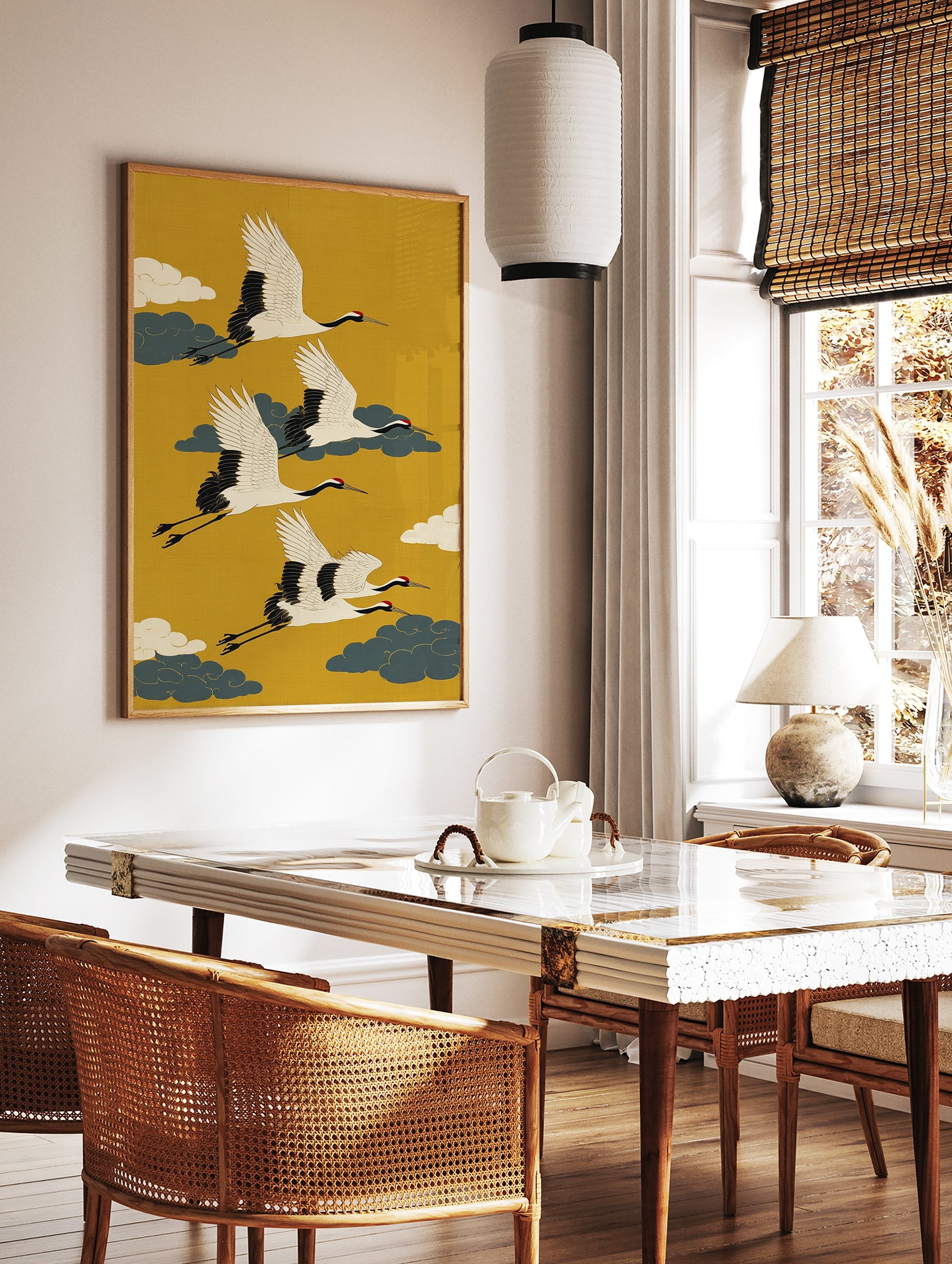 Japanese art poster depicting three white flying cranes with black wings and red crowns against a vibrant yellow background with clouds. - Image 2