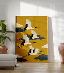 Japanese art poster depicting three white flying cranes with black wings and red crowns against a vibrant yellow background with clouds. - Image 3