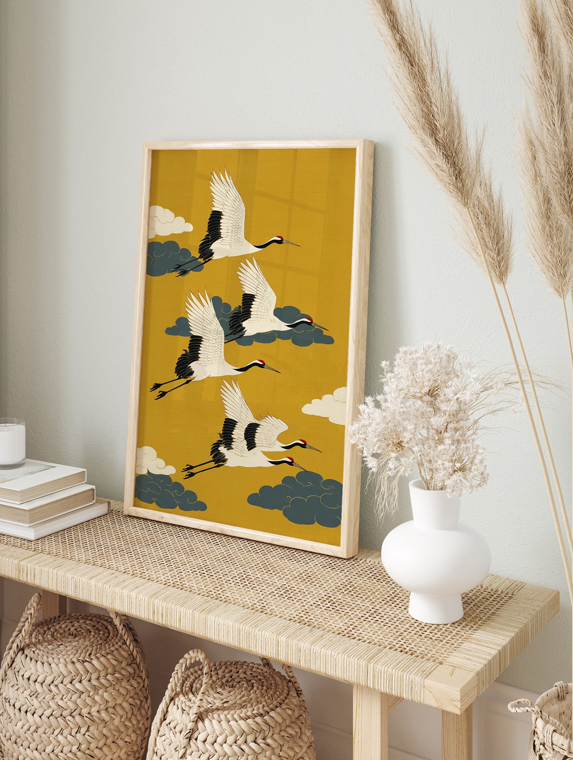 Japanese art poster depicting three white flying cranes with black wings and red crowns against a vibrant yellow background with clouds. - Image 4