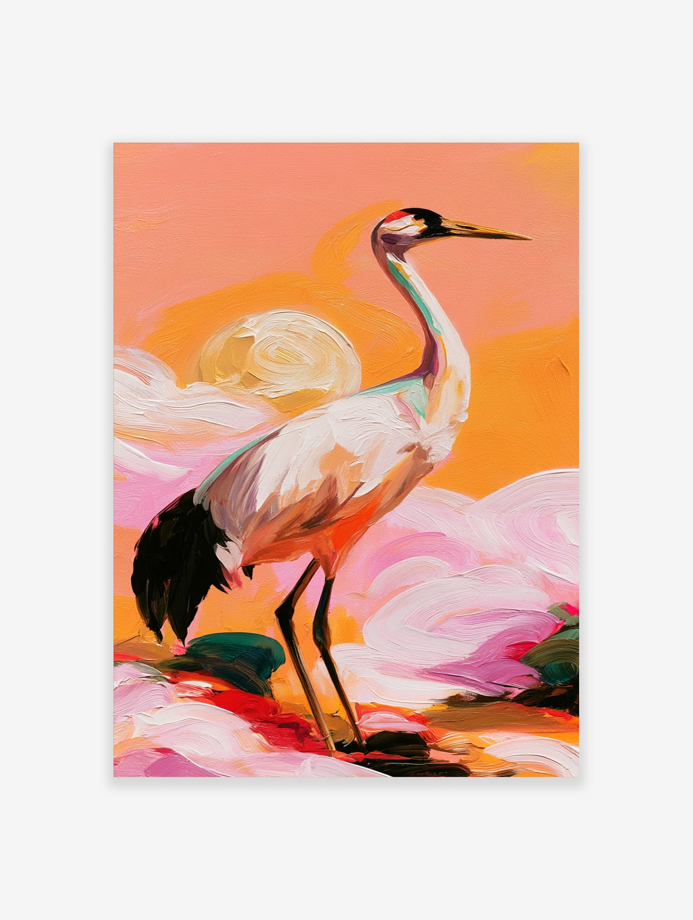 Colourful crane wall art with textured brushstrokes, orange and pink clouds, and a sun