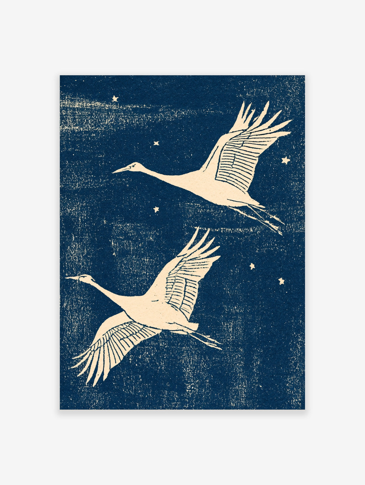 Two cream cranes flying with stars on a navy blue background, Japanese bird art print